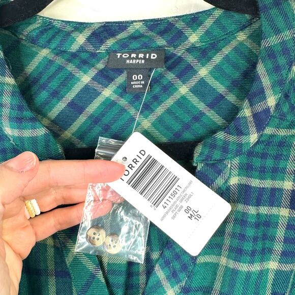 Torrid NWT Harper Brushed Green Plaid Softest Flannel Tunic Pullover Top Size 00 - Picture 5 of 10